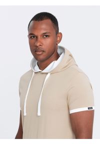 Ombre Clothing - Męski casualowy t-shirt bawełniany z kapturem – beżowy V5 - Rozmiar: L. Okazja: na co dzień. Typ kołnierza: kaptur. Kolor: beżowy. Materiał: bawełna. Styl: casual