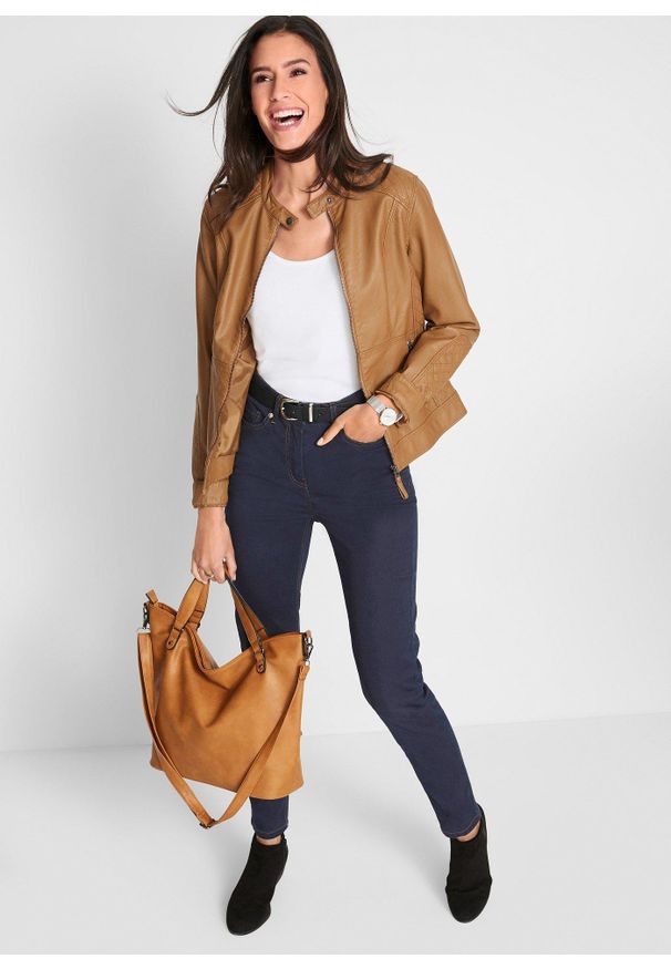 bonprix - Dżinsy o kroju slim fit, mid waist, z wygodnym paskiem. Kolor: niebieski