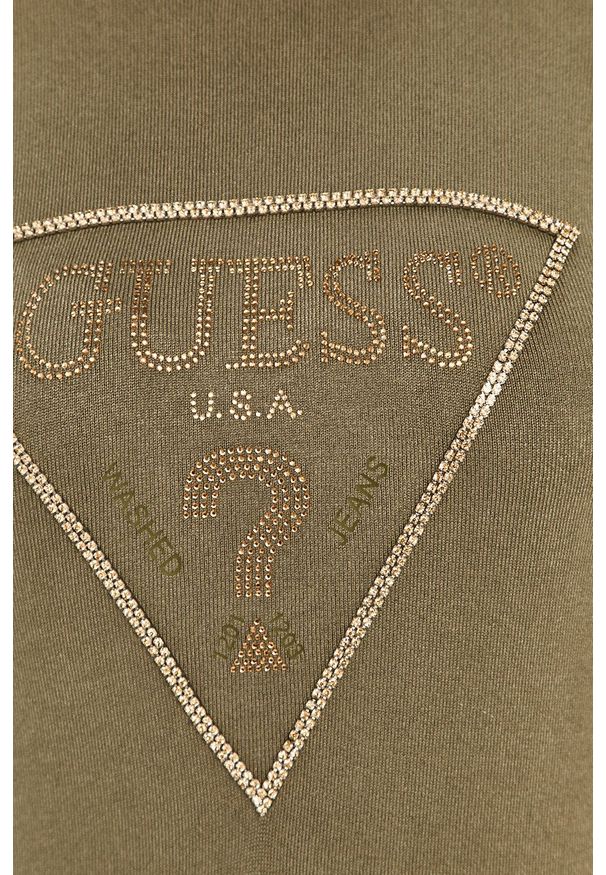 Guess - Sweter. Kolor: zielony. Materiał: dzianina. Długość rękawa: długi rękaw. Długość: długie. Wzór: aplikacja