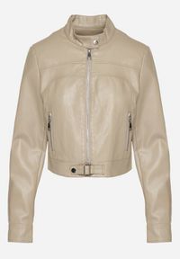 Born2be - Ciemnobeżowa Kurtka Ramoneska w Motocyklowym Stylu z Klamerką Terlia. Okazja: na co dzień. Kolor: beżowy. Materiał: poliester, jeans. Styl: klasyczny, casual #5