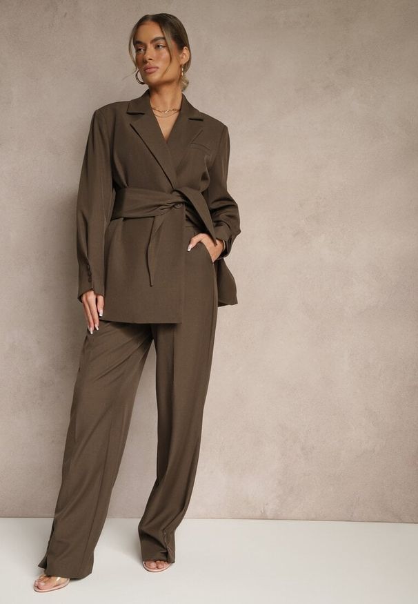 Renee - Brązowe Spodnie Garniturowe High Waist Annavia. Okazja: na spotkanie biznesowe. Stan: podwyższony. Kolor: brązowy. Styl: elegancki, biznesowy
