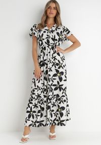 Born2be - Biała Sukienka Marrie. Kolor: biały. Materiał: materiał. Długość rękawa: krótki rękaw. Wzór: kwiaty. Sezon: lato. Typ sukienki: kopertowe. Długość: maxi #1