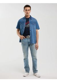 Big-Star - Koszulka męska z nadrukiem granatowa Sterir 403. Okazja: na co dzień. Kolor: niebieski. Materiał: bawełna, jeans. Wzór: nadruk. Styl: casual