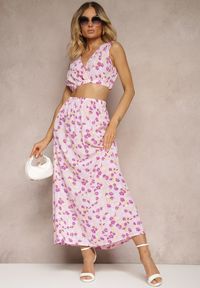 Renee - Różowy Komplet Dwuczęściowy Top bez Rękawów Spódnica z Gumką w Talii w Kwiaty Dimanisa. Kolor: różowy. Materiał: tkanina. Wzór: kwiaty