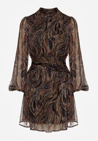 Renee - Czarno-Beżowa Taliowana Sukienka o Rozkloszowanym Kroju z Prześwitującymi Rękawami i Stójką Relabia. Okazja: na co dzień. Typ kołnierza: kołnierzyk stójkowy. Kolor: czarny. Typ sukienki: rozkloszowane. Styl: casual, klasyczny #3