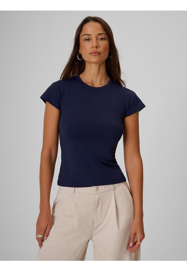 4f - 4F T-shirt slim gładki damski - granatowy S. Okazja: na co dzień. Kolor: niebieski. Materiał: tkanina. Wzór: gładki. Styl: casual, klasyczny