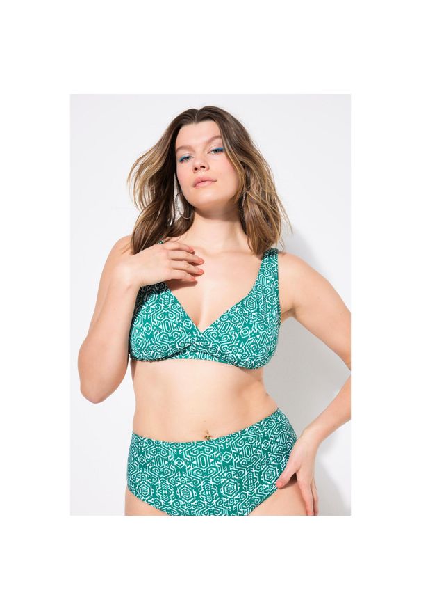 ULLA POPKEN - Damska Góra od bikini wyjmowane miękkie miseczki nadruk graficzny. Kolekcja: plus size. Kolor: zielony. Materiał: poliester, elastan, poliamid, materiał. Wzór: nadruk