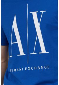 Armani Exchange - ARMANI EXCHANGE Niebieski t-shirt męski z dużym logo, Rozmiar L. Kolor: niebieski. Materiał: prążkowany