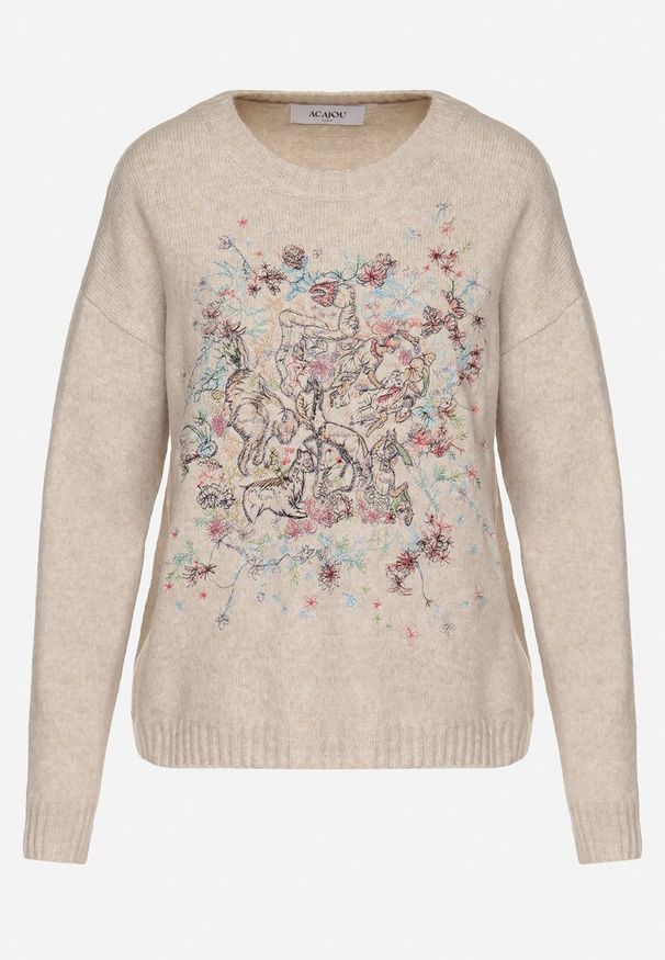 Born2be - Brązowy Sweter Ozdobiony Haftowanym Wzorem Inadrea. Okazja: na co dzień. Kolor: beżowy. Materiał: jeans. Długość rękawa: długi rękaw. Długość: długie. Wzór: aplikacja, haft. Styl: klasyczny, elegancki, casual