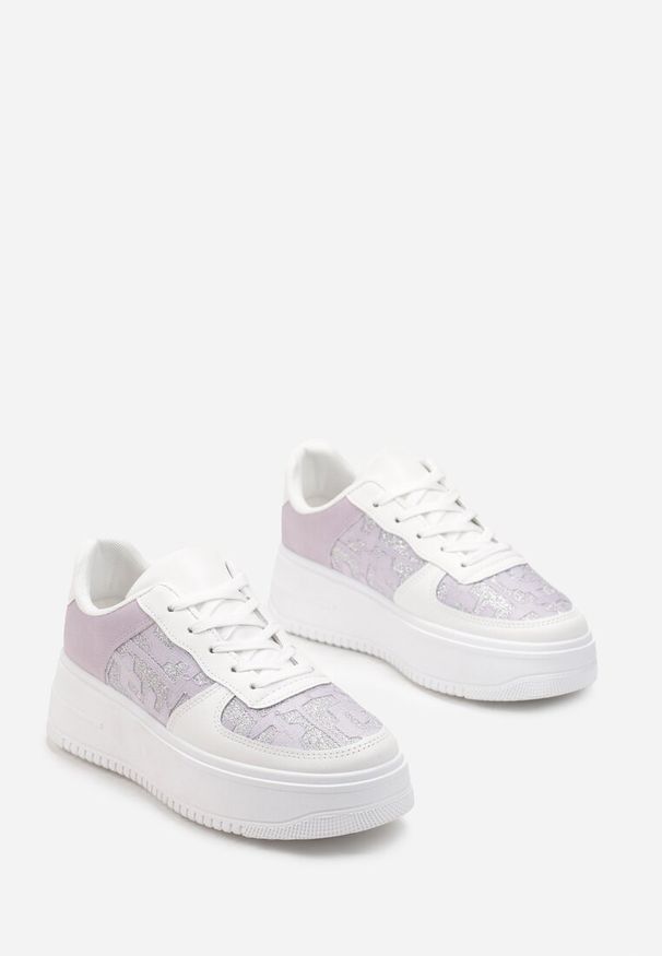 Born2be - Biało-Fioletowe Sznurowane Sneakersy na Grubej Podeszwie z Brokatowym Zdobieniem Samuellis. Kolor: fioletowy. Wzór: aplikacja