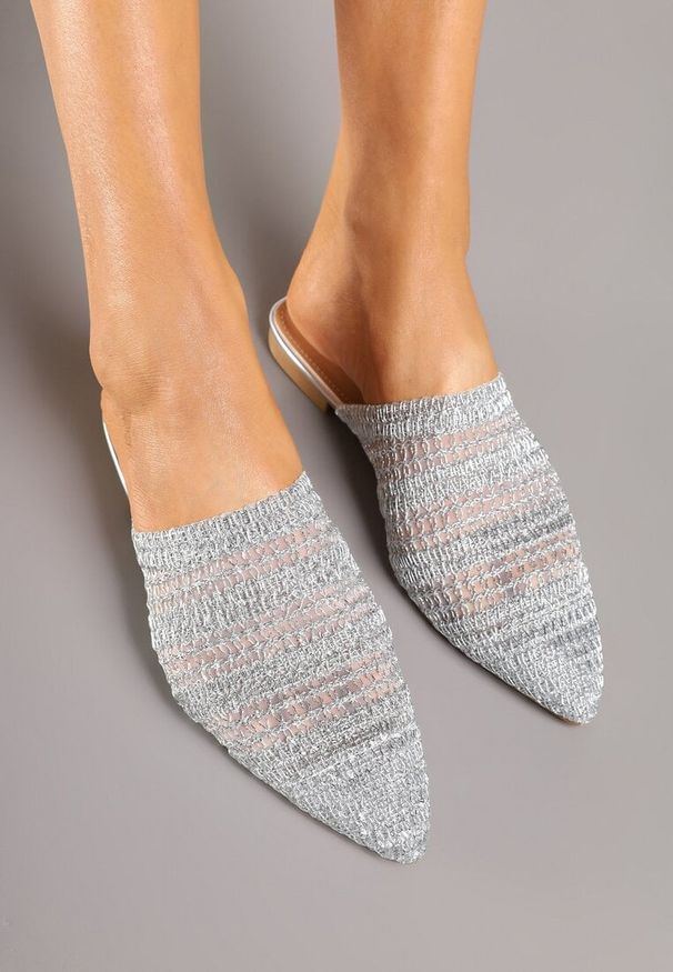 Renee - Srebrne Klapki Mule Ozdobione Plecionką Tatnora. Okazja: na co dzień. Kolor: srebrny. Materiał: jeans. Wzór: aplikacja. Sezon: lato, wiosna. Obcas: na obcasie. Styl: elegancki, casual