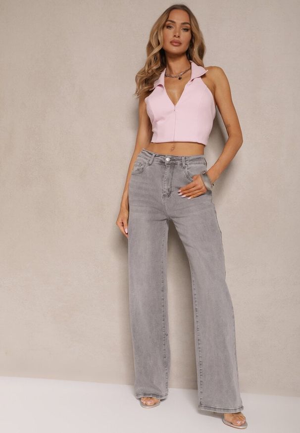 Renee - Jasnoszare Jeansy z Bawełny o Szerokim Kroju High Waist Ozdobione Przetarciami Silmoi. Okazja: na co dzień. Stan: podwyższony. Kolor: szary. Wzór: aplikacja. Styl: casual
