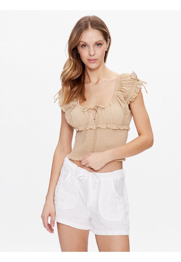 BDG Urban Outfitters Top BDG NOVA ROUCHED BLOUSE 76505569 Écru Slim Fit. Materiał: syntetyk