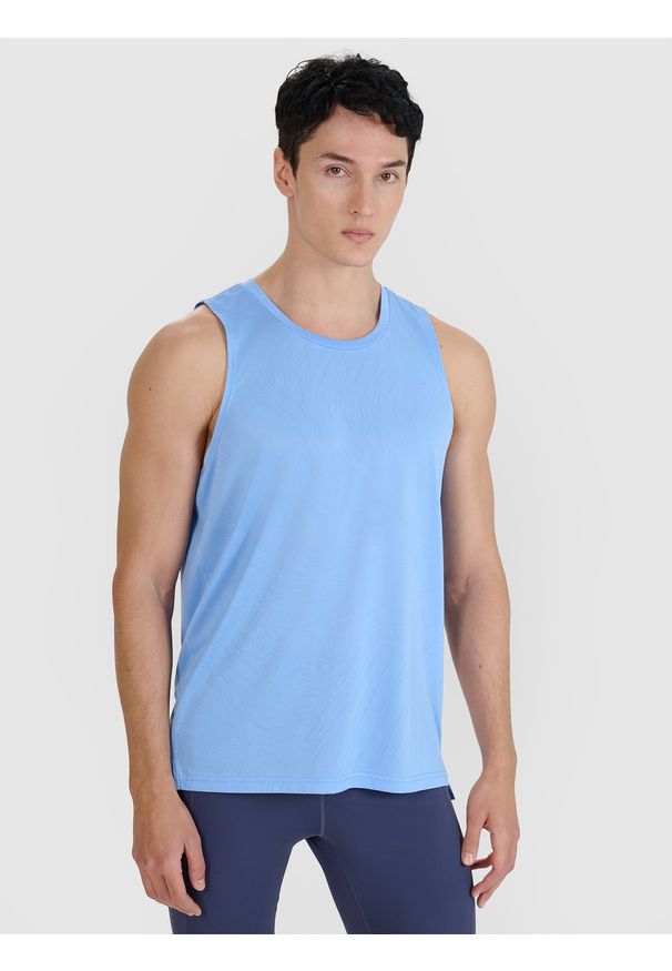 4f - 4F Tank top do biegania regular szybkoschnący męski - niebieski M. Kolor: niebieski. Materiał: włókno, dzianina, syntetyk, materiał. Długość rękawa: bez rękawów. Długość: krótkie. Wzór: ze splotem. Sport: bieganie, fitness