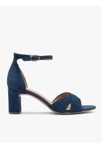 Ryłko - Granatowe sandały damskie na obcasie. Kolor: niebieski. Materiał: skóra, welur. Obcas: na obcasie. Styl: street. Wysokość obcasa: średni #1