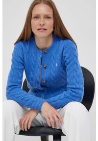 Polo Ralph Lauren kardigan wełniany kolor niebieski. Typ kołnierza: polo. Kolor: niebieski. Materiał: wełna. Długość rękawa: długi rękaw. Długość: długie. Wzór: ze splotem #1