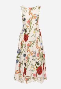 Born2be - Beżowa Bawełniana Sukienka o Rozkloszowanym Kroju w Kwiatowy Print Iladris. Okazja: na co dzień, na imprezę. Typ kołnierza: dekolt w łódkę. Kolor: beżowy. Materiał: bawełna. Wzór: kwiaty, nadruk. Typ sukienki: sportowe. Styl: sportowy, klasyczny, casual, elegancki #2