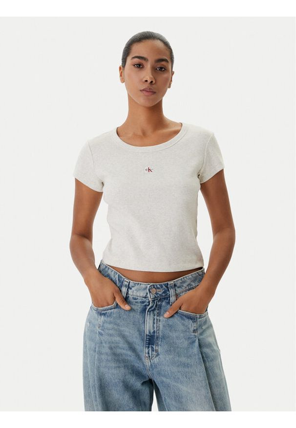 Calvin Klein Jeans T-Shirt LV047C200G Beżowy Slim Fit. Kolor: beżowy. Materiał: bawełna