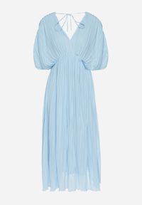 Born2be - Niebieska Sukienka Rozkloszowana z Wiązaniem na Szyi o Luźnym Kroju Napila. Okazja: na co dzień. Typ kołnierza: dekolt w kształcie V. Kolor: niebieski. Styl: casual, elegancki, klasyczny #6