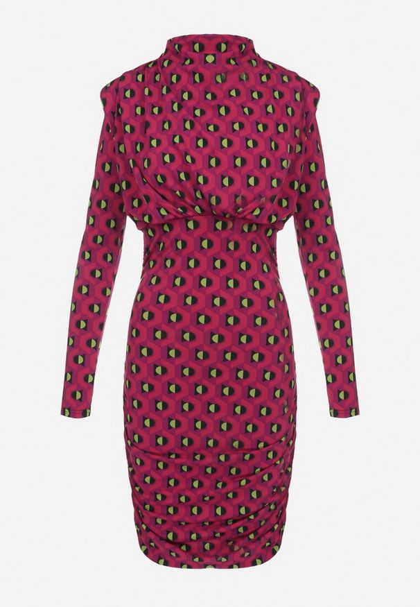 Born2be - Fuksjowa Sukienka Dopasowana w Geometryczny Wzór Bozi. Okazja: na co dzień. Kolor: różowy. Długość rękawa: długi rękaw. Wzór: geometria. Typ sukienki: proste. Styl: casual, elegancki