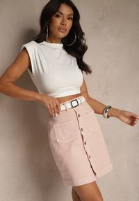 Renee - Różowa Jeansowa Spódnica z Bawełny High Waist Ozdobiona Guzikami Lilinelle. Okazja: na co dzień. Stan: podwyższony. Kolor: różowy. Materiał: bawełna, jeans. Wzór: aplikacja. Styl: klasyczny, elegancki, casual #5