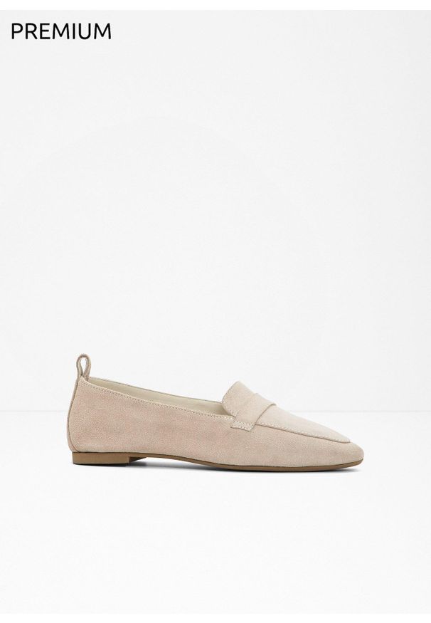 bonprix - Loafersy ze skóry welurowej. Kolor: beżowy. Materiał: welur, skóra. Styl: elegancki
