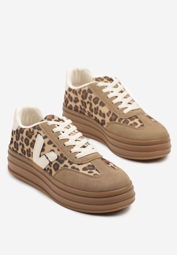 Renee - Beżowe Panterkowe Sneakersy na Kauczukowej Podeszwie Ellirielle. Okazja: na co dzień. Zapięcie: sznurówki. Kolor: beżowy. Materiał: kauczuk