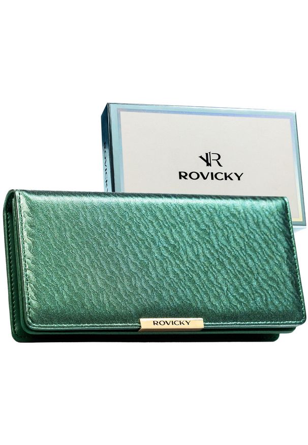 ROVICKY - Portfel damski ze skóry ekologicznej w zielonym kolorze, wyposażony w system RFID - Rovicky. Kolor: zielony. Materiał: skóra ekologiczna