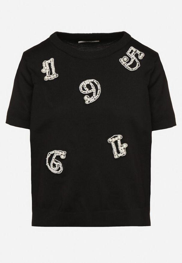 Born2be - Czarny T-shirt Ozdobiony Naszywkami Perełkami i Cyrkoniami Karavia. Okazja: na co dzień, na spacer. Kolor: czarny. Materiał: jeans. Wzór: aplikacja. Styl: klasyczny, casual