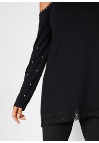 bonprix - Shirt cold-shoulder z koronką i perełkami. Kolor: czarny. Materiał: koronka. Wzór: koronka #3