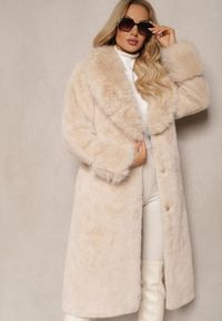 Renee - Beżowy Futrzany Płaszcz z Wiązanym Paskiem Ozdobnym Kołnierzem i Mankietami Viaressa. Okazja: na co dzień. Kolor: beżowy. Materiał: futro. Długość rękawa: długi rękaw. Długość: długie. Styl: casual, elegancki, rockowy #3
