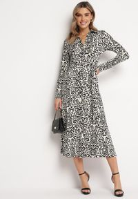 Born2be - Czarno-Biała Rozkloszowana Sukienka Midi o Koszulowym Fasonie z Ozdobnym Wzorem Liovia. Kolor: czarny. Materiał: materiał. Typ sukienki: koszulowe. Styl: klasyczny. Długość: midi #4