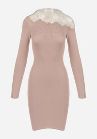 Born2be - Beżowa Sukienka Dopasowana z Siateczką przy Dekolcie Mugumie. Okazja: na co dzień. Kolor: beżowy. Długość rękawa: długi rękaw. Wzór: aplikacja. Typ sukienki: dopasowane. Styl: klasyczny, casual, elegancki #4