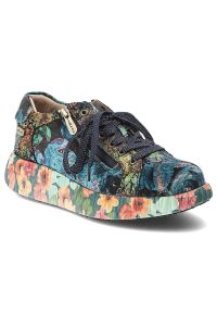 Sneakersy damskie Laura Vita, skórzane na platformie z wzorkami z okrągłym noskiem sznurowane i na suwak, indigo, Nikito-04-SO26803-4K. Okazja: na co dzień. Nosek buta: okrągły. Zapięcie: sznurówki. Materiał: skóra. Szerokość cholewki: normalna. Wzór: aplikacja, kwiaty. Obcas: na platformie. Styl: casual #1