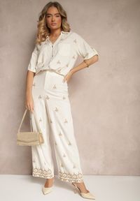 Renee - Biało-Beżowe Spodnie z Wiskozą i Lnem High Waist o Szerokim Kroju z Haftami Olerina. Okazja: na spacer. Stan: podwyższony. Kolor: biały. Materiał: len, wiskoza. Wzór: haft. Sezon: lato. Styl: boho, elegancki #5