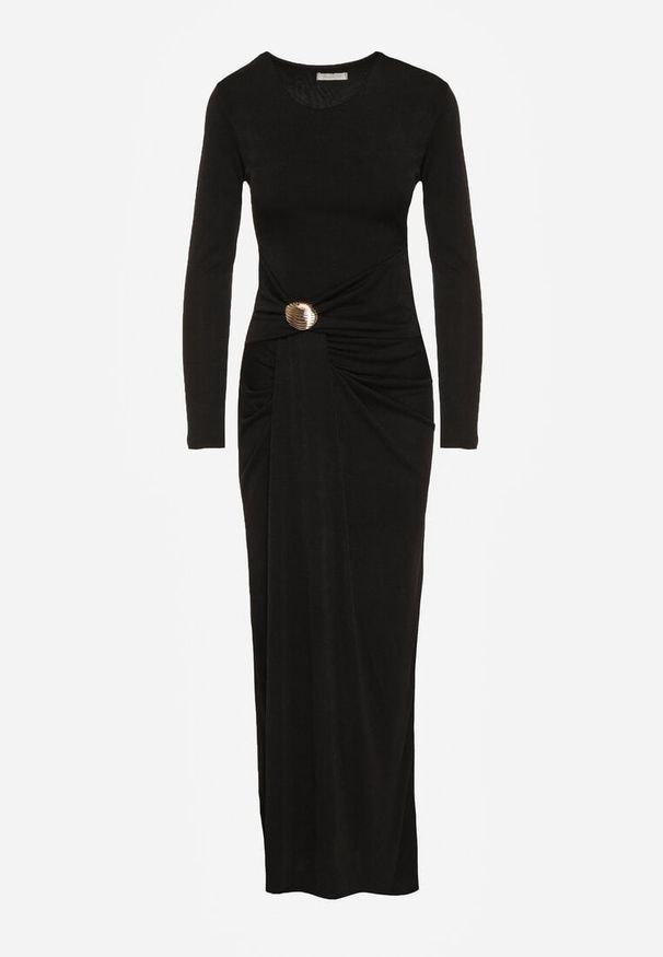 Born2be - Czarna Taliowana Sukienka o Eleganckim Kroju z Marszczeniem i Aplikacją Sewedina. Okazja: na imprezę. Kolor: czarny. Materiał: futro. Długość rękawa: długi rękaw. Wzór: aplikacja. Typ sukienki: dopasowane. Styl: elegancki