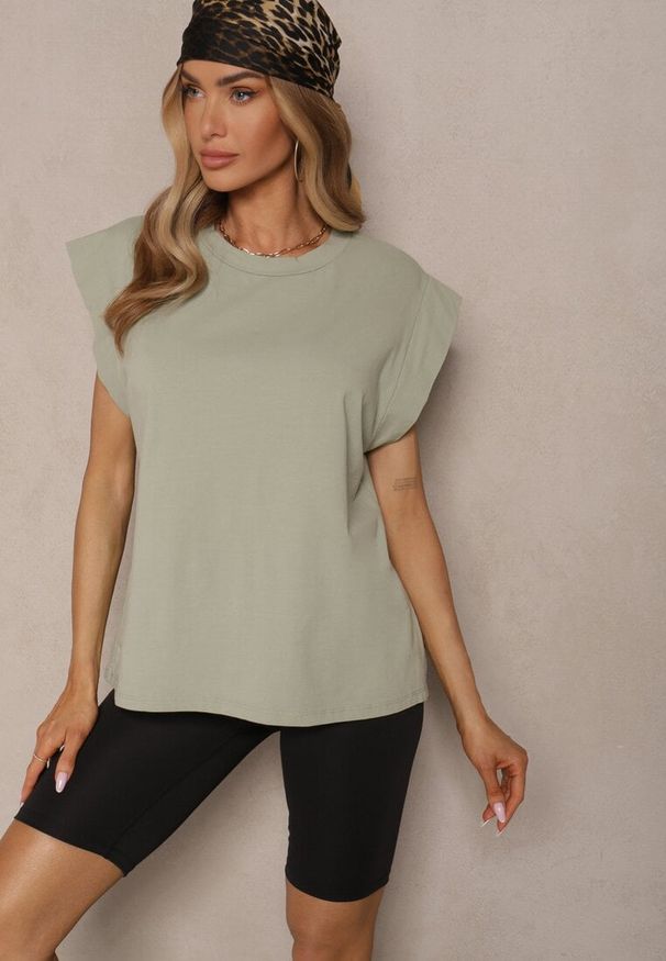 Renee - Zielony Top z Bawełny Ozdobiony Falbanką Galanetia. Okazja: na co dzień, na spacer. Kolor: zielony. Materiał: bawełna. Wzór: aplikacja. Styl: klasyczny, casual