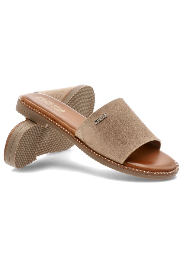 Big-Star - Beżowe Klapki Big Star Modne Wsuwane Obuwie Damskie. Okazja: na co dzień. Kolor: beżowy. Wzór: aplikacja. Sezon: lato. Styl: casual, elegancki, wakacyjny, klasyczny