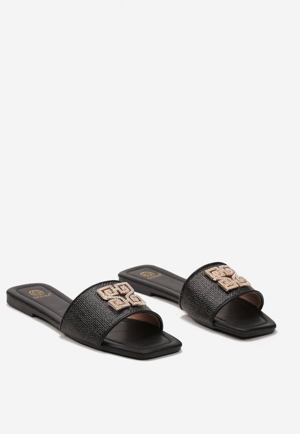 Born2be - Czarne Klapki Płaskie z Paskiem Ozdobionym Klamrą z Cyrkoniami Heliosia. Okazja: na co dzień. Kolor: czarny. Materiał: jeans. Wzór: aplikacja. Styl: casual