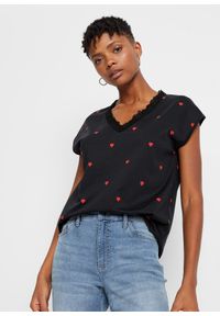 bonprix - T-shirt z czystej bawełny. Typ kołnierza: dekolt w serek. Kolor: czarny. Materiał: bawełna. Wzór: nadruk #1