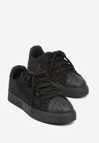 Renee - Czarne Cyrkoniowe Sneakersy Zdobione Marszczeniem na Nosku Westafera. Kolor: czarny. Wzór: aplikacja #2
