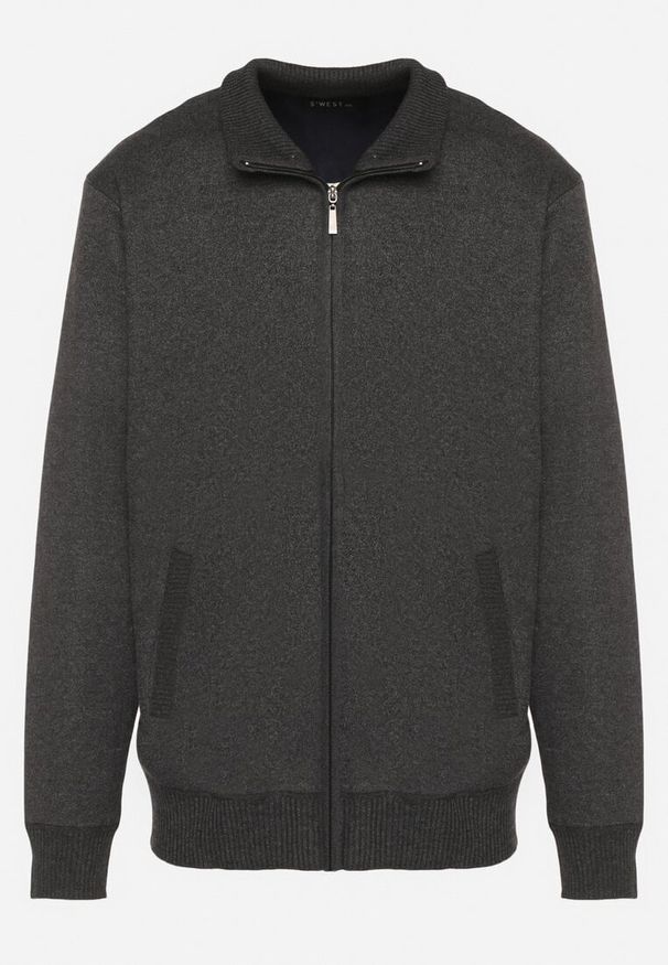Born2be - Ciemnoszary Ocieplany Kardigan z Wełną Zapinany na Suwak Acendrie. Okazja: na spotkanie biznesowe, na co dzień. Kolekcja: plus size. Kolor: szary. Materiał: wełna. Styl: klasyczny, biznesowy, casual