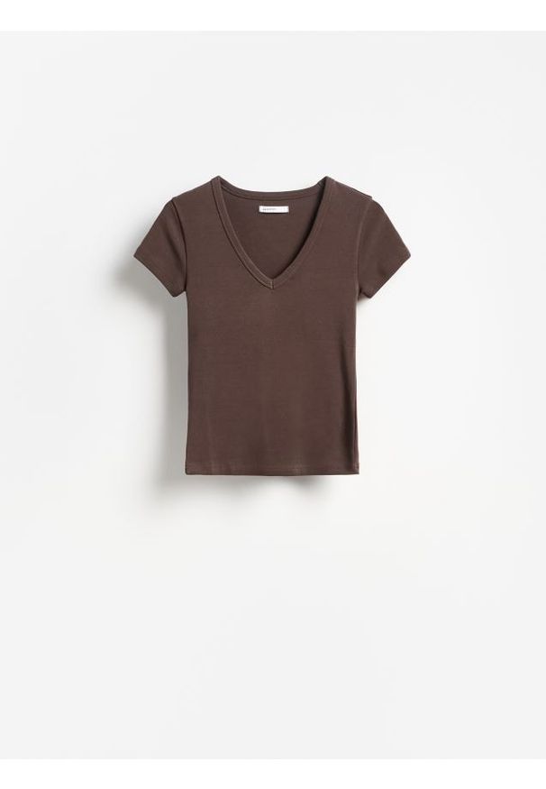 Reserved - T-shirt z bawełną - brązowy. Kolor: brązowy. Materiał: bawełna