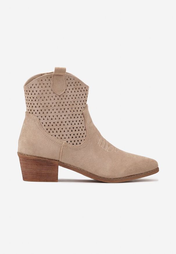 Born2be - Beżowe Ażurowe Botki Vices w Stylu Kowbojek na Obcasie Norfedi. Okazja: na co dzień. Nosek buta: szpiczasty. Kolor: beżowy. Materiał: jeans. Wzór: ażurowy. Obcas: na obcasie. Styl: boho, casual. Wysokość obcasa: średni