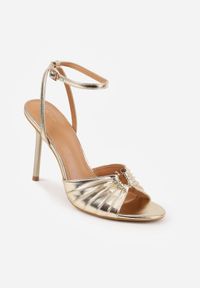 Born2be - Złote Sandały na Szpilce VICES z Marszczeniem i Metaliczną Aplikacją Nemenoe. Okazja: na wesele, na co dzień, na ślub cywilny. Zapięcie: pasek. Kolor: złoty. Wzór: aplikacja. Obcas: na szpilce. Styl: casual, klasyczny, elegancki #6
