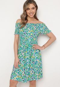 Born2be - Zielona Wiskozowa Sukienka Typu Hiszpanka z Elastyczną Gumką w Talii Anlavera. Okazja: na co dzień. Typ kołnierza: dekolt hiszpanka. Kolor: zielony. Wzór: kwiaty. Typ sukienki: proste. Materiał: wiskoza. Długość rękawa: krótki rękaw. Sezon: wiosna. Styl: casual #7