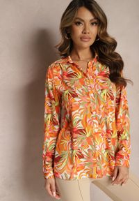 Renee - Pomarańczowa Koszula o Klasycznym Kroju we Florystyczny Print Ationama. Kolor: pomarańczowy. Wzór: nadruk. Styl: klasyczny