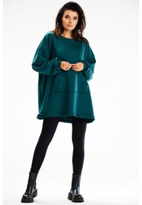 Infinite You - Bluza damska oversize długa z kieszenią kangurka zielona. Okazja: na co dzień, na spacer. Kolor: zielony. Materiał: elastan, materiał, bawełna. Długość: długie. Styl: casual #2