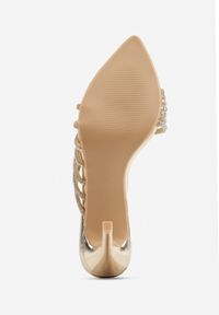 Renee - Złote Cyrkoniowe Klapki na Szpilce z Noskiem w Szpic Megenia. Kolor: złoty. Materiał: satyna. Wzór: aplikacja. Obcas: na szpilce. Wysokość obcasa: średni #8