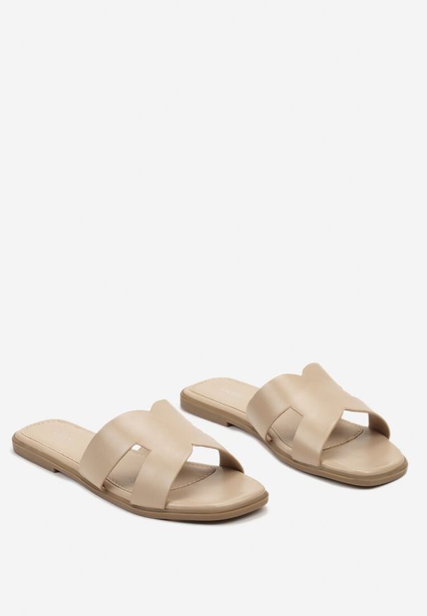 Born2be - Beżowe Płaskie Klapki z Kwadratowym Noskiem i Metalicznym Wykończeniem Quinivia. Okazja: na co dzień, na randkę, na spacer. Kolor: beżowy. Materiał: len. Sezon: lato. Styl: casual, elegancki